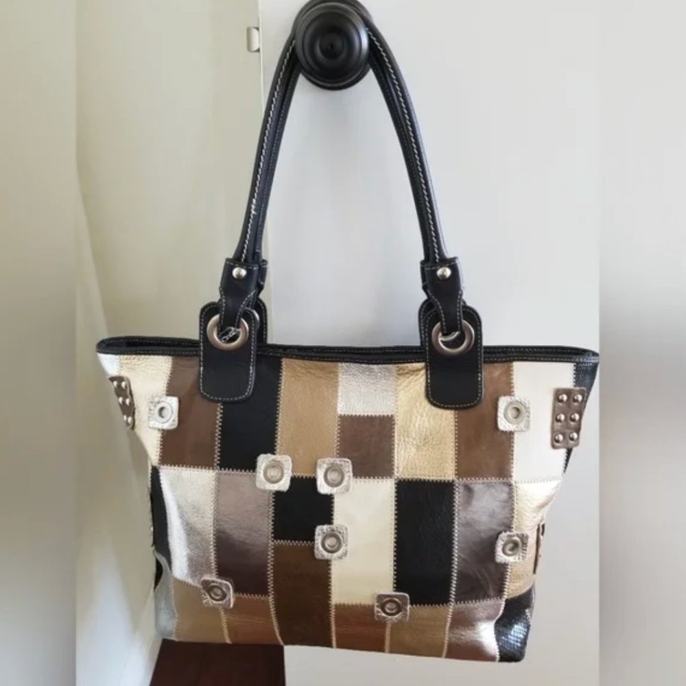 NWT DESIGNER DIRECT!! AQUA MADONNA Large Leather Patchwork Tote - Picture 8 of 8
